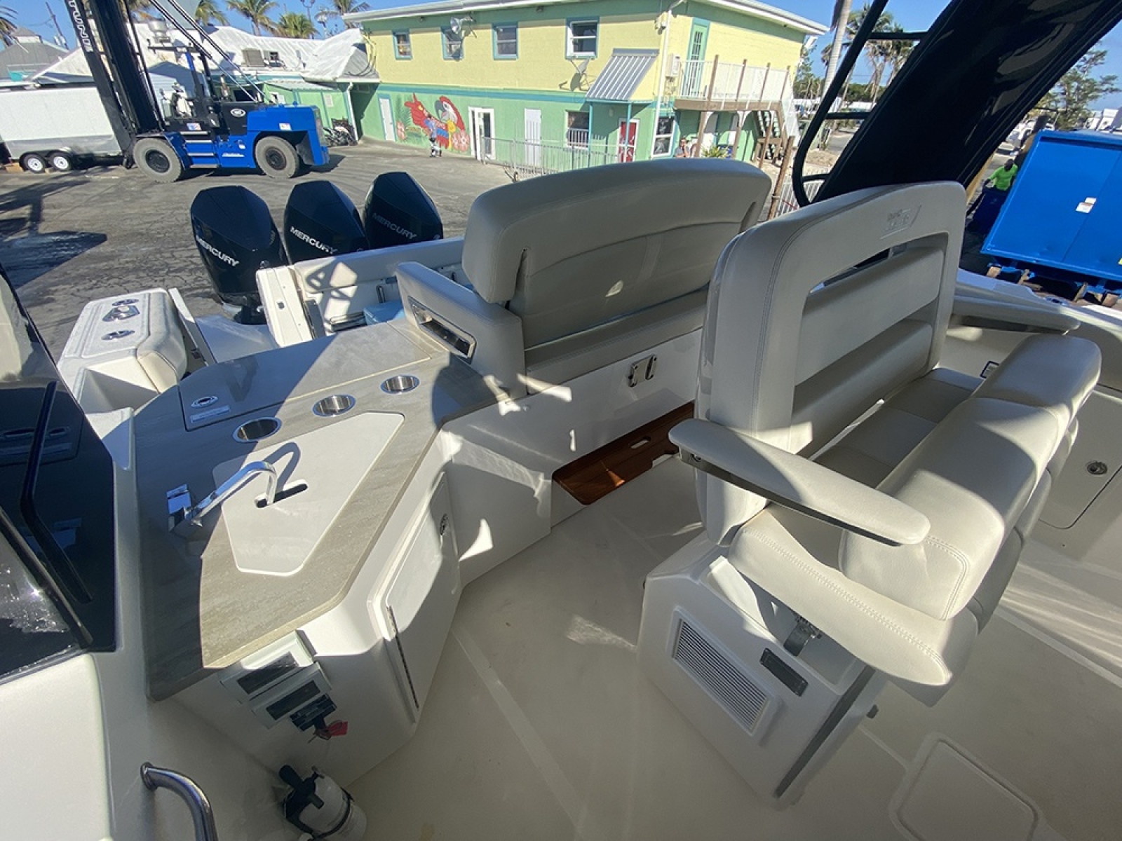 2023 Boston Whaler 350 Realm interior with luxurious seating and modern amenities.
