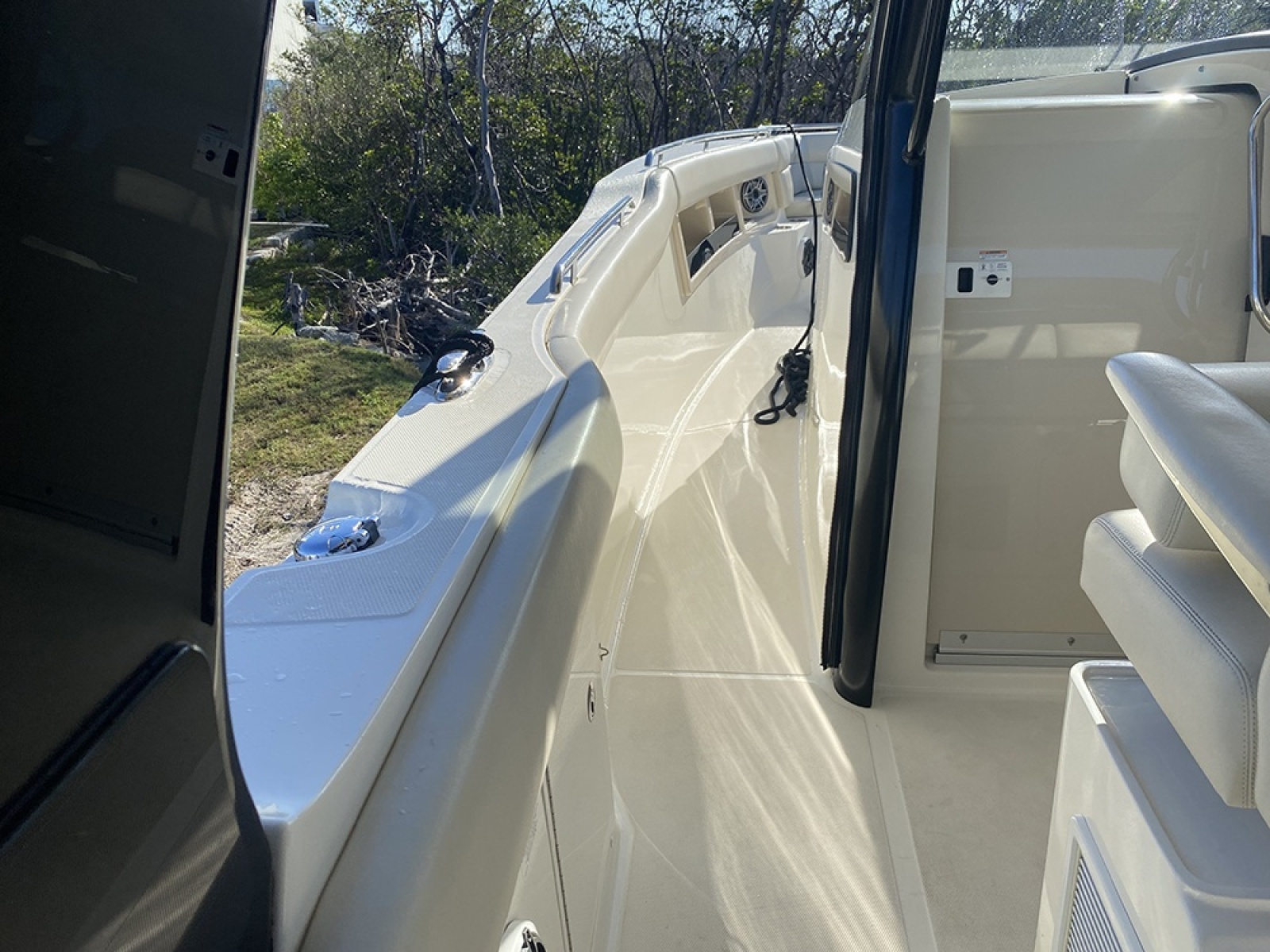 2023 Boston Whaler 350 Realm boat interior with sleek seating and modern design.
