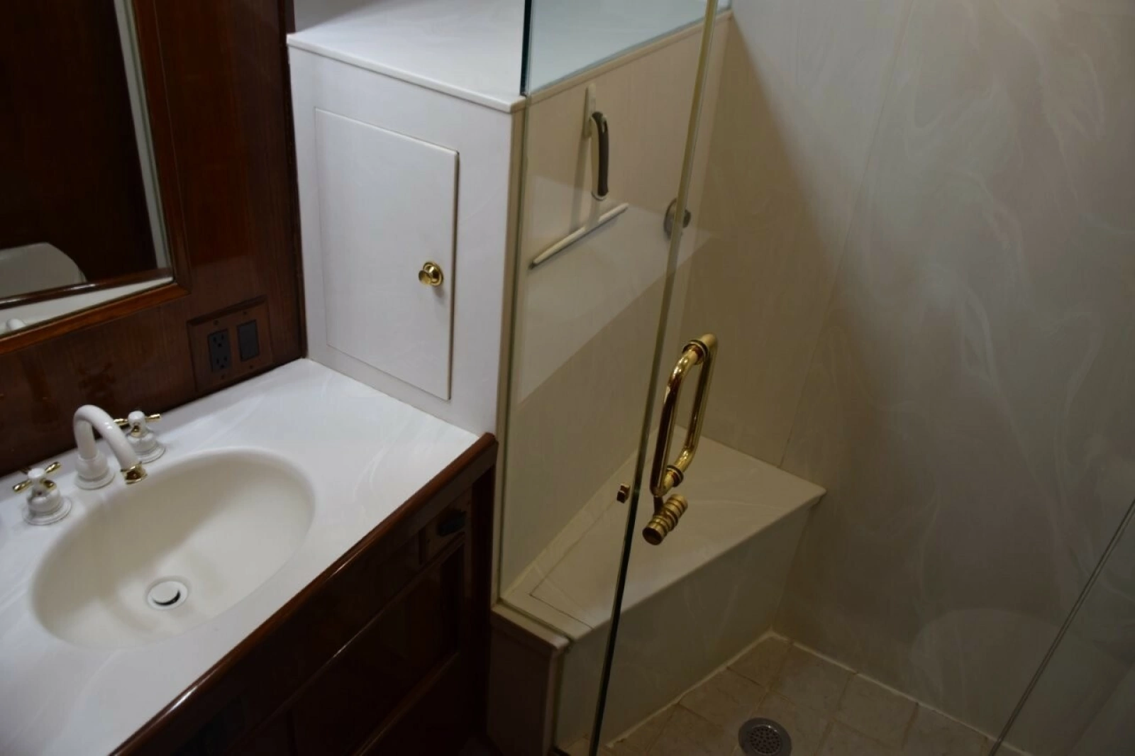 Master Vanity Top With Mirrored Medicine Cabinet And Glass Shower Enclosure With Seat