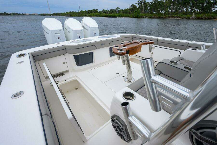 Port View of Cockpit & Triple Mercury Verado Engines