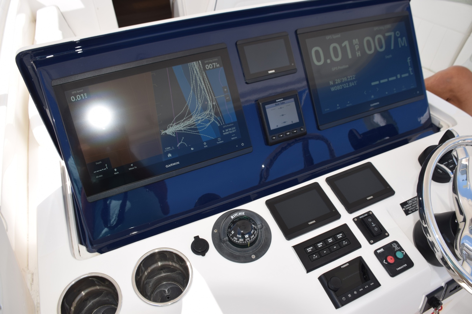 Helm With Yamaha Displays, Yamaha Autopilot Panel, Bow Thruster Control