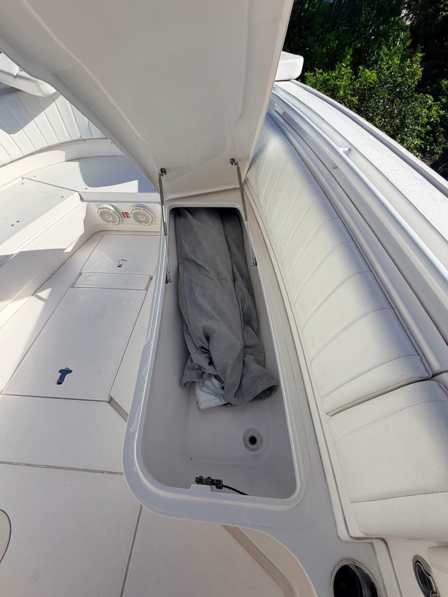 2017 Intrepid 327 Center Console for sale in Pompano Beach FL - bow storage hatch open with stowed gear