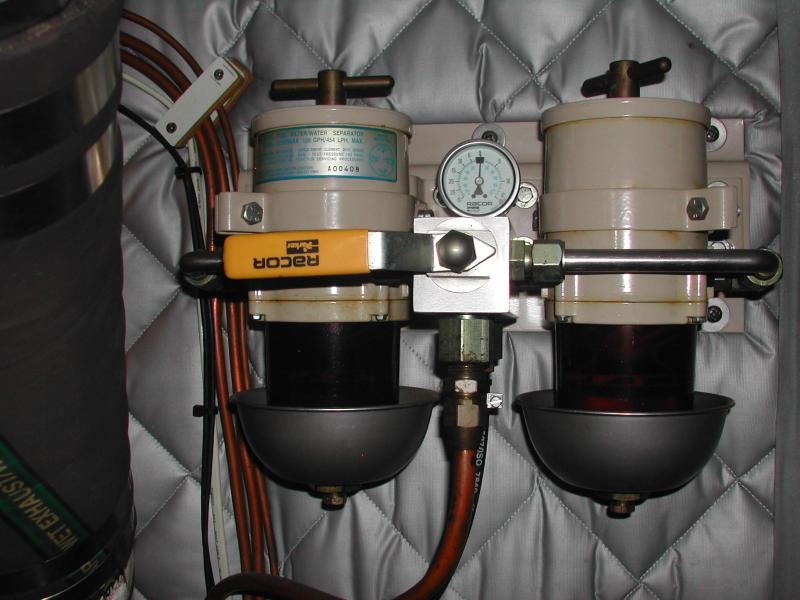 Racor twin filters at each main eng.