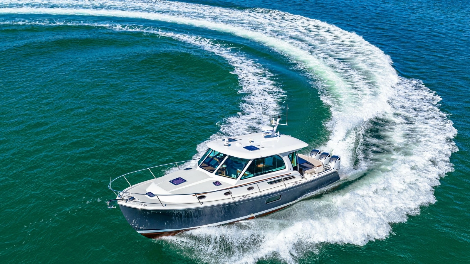 Aerial View of Back Cove 390 in Motion