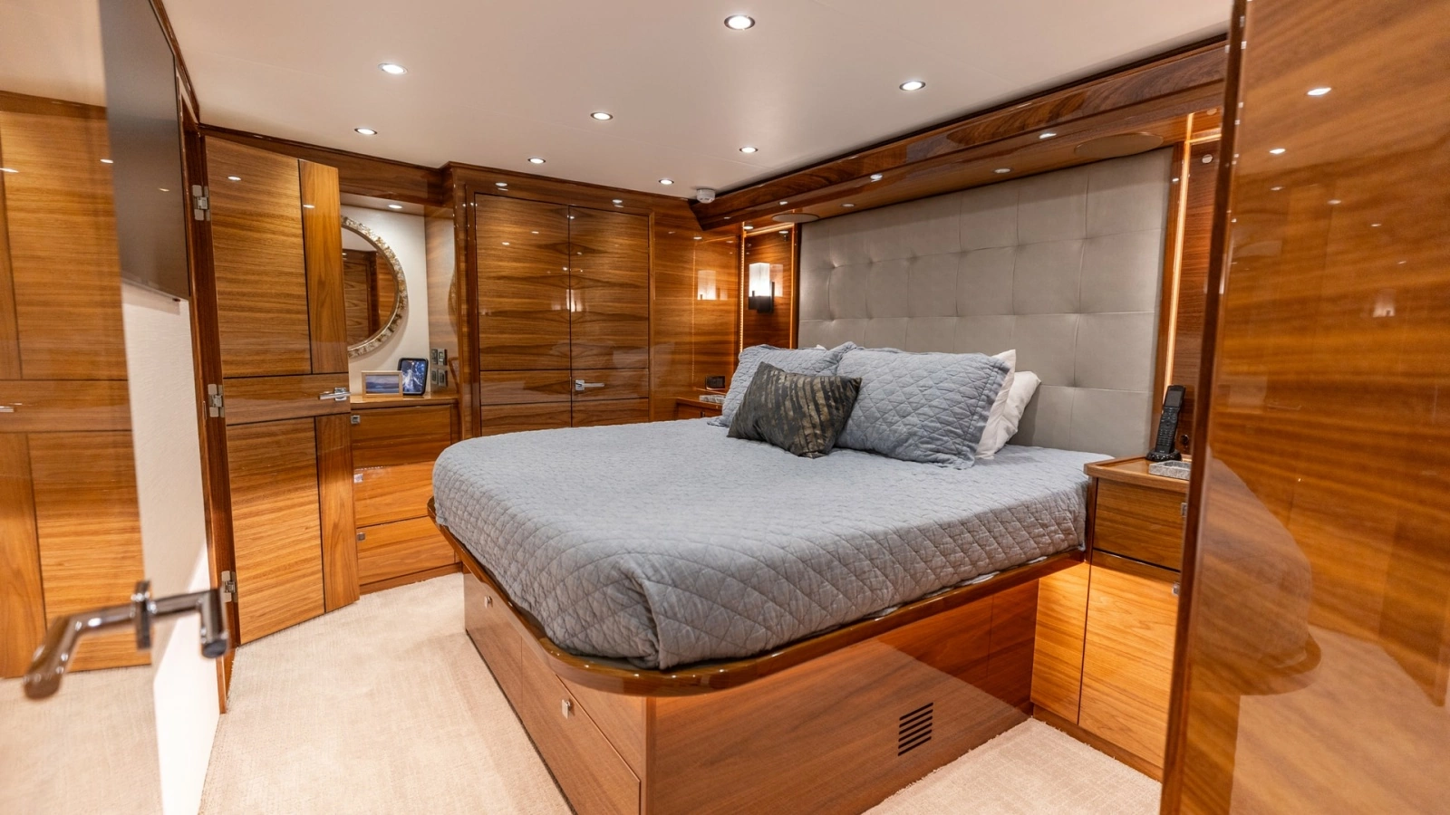 Master Stateroom with Luxurious Wood Finishes