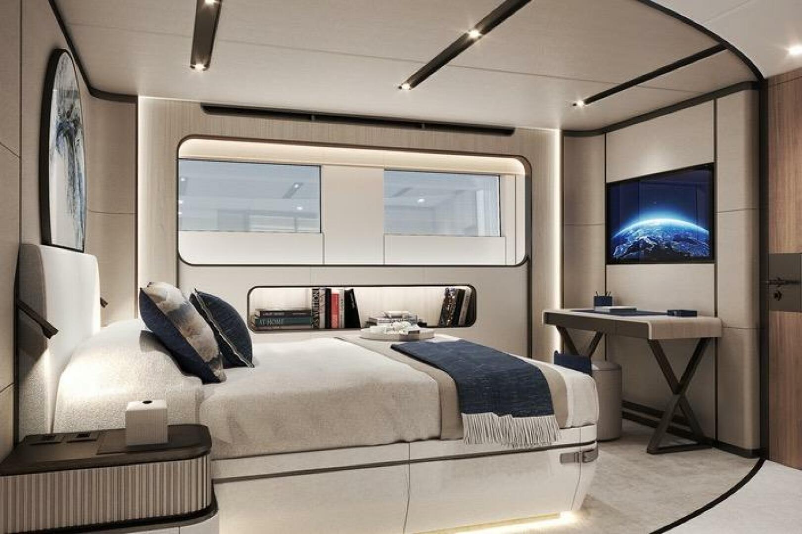Luxurious 2026 Majesty 145 yacht bedroom with modern decor a