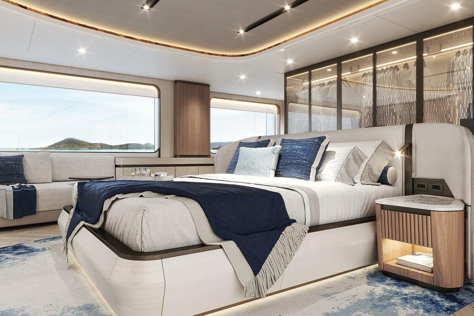 Luxurious bedroom interior on 2026 Majesty 145 yacht, featur