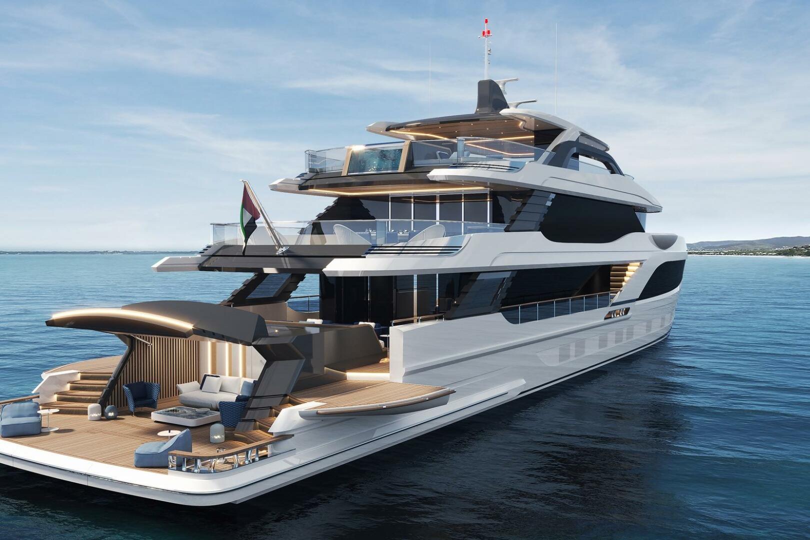 Luxurious 2026 Majesty 145 yacht on serene ocean waters, sho