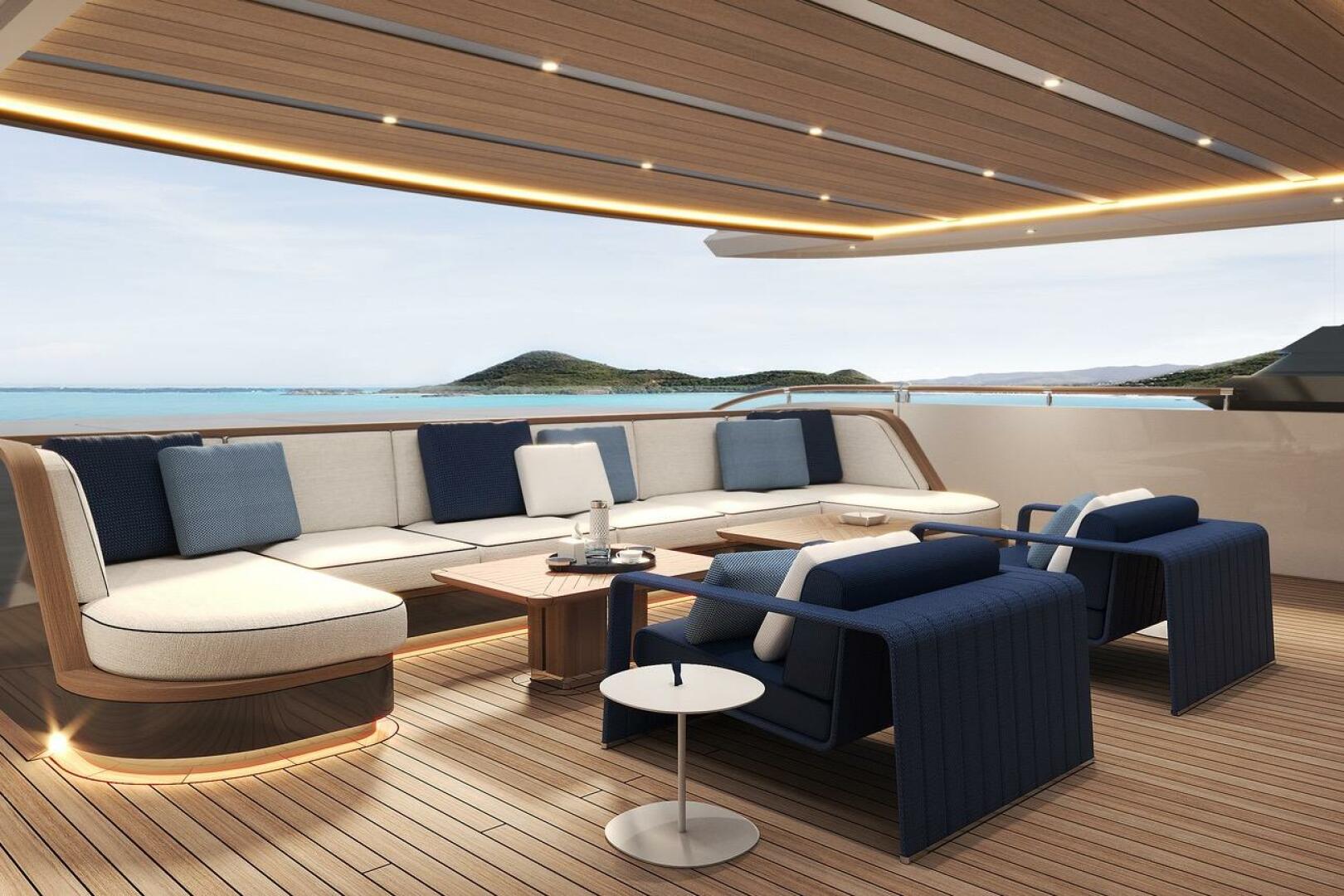 Luxurious 2026 Majesty 145 yacht deck with elegant seating a