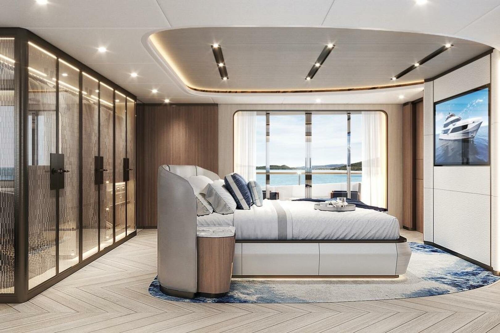 Luxurious 2026 Majesty 145 yacht bedroom with modern design 