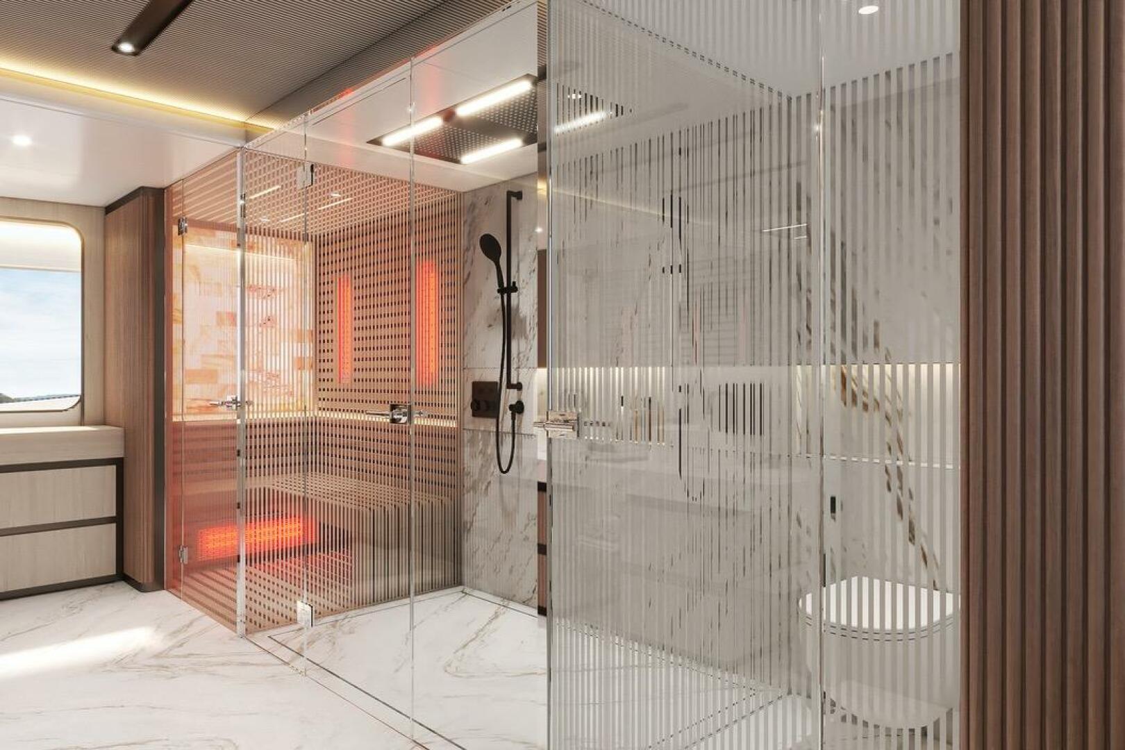 Luxurious yacht bathroom with glass shower, modern fixtures,