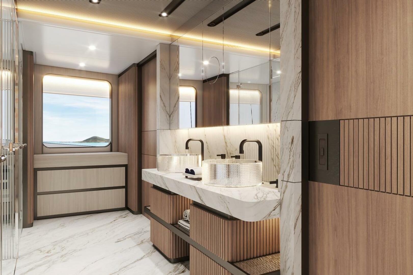 Luxurious 2026 Majesty 145 yacht bathroom with marble accent