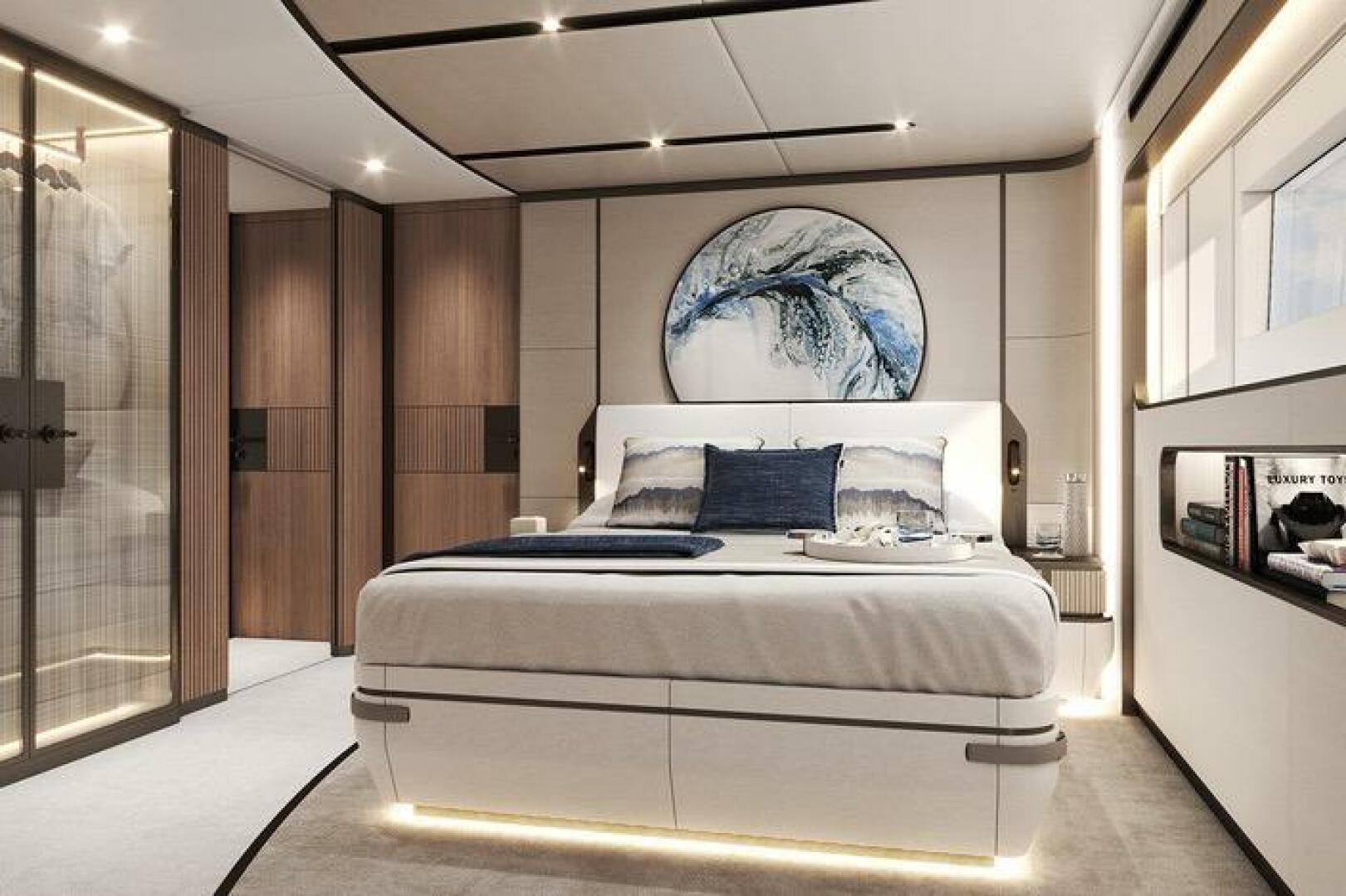 Luxurious bedroom interior on 2026 Majesty 145 yacht, featur