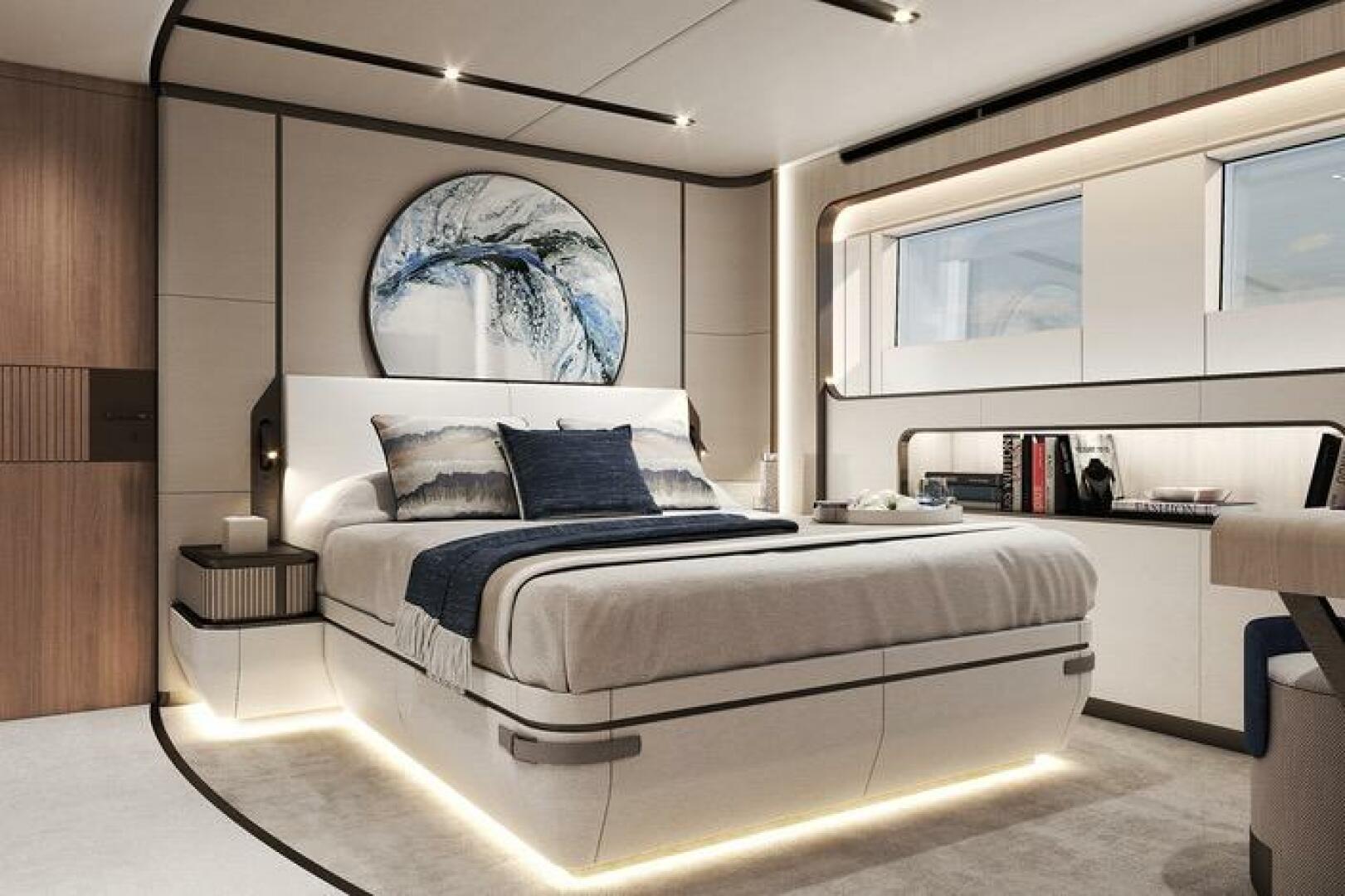 Luxurious 2026 Majesty 145 yacht bedroom with modern decor a