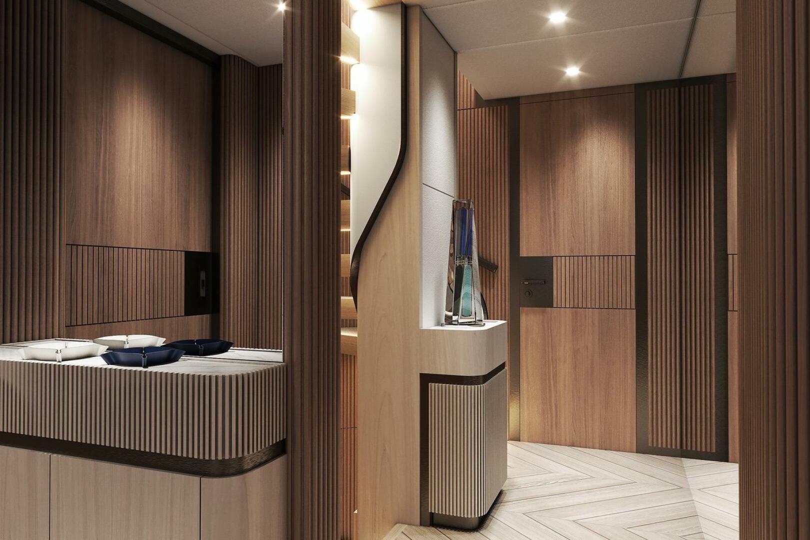 Luxurious interior of 2026 Majesty 145 yacht with elegant wo