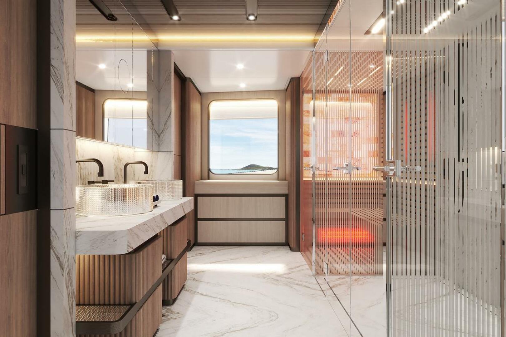 Luxurious Majesty 145 yacht interior, featuring elegant marb