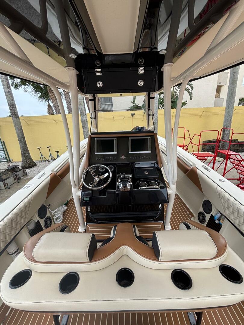 2013 Statement 35 Center Console boat interior with dual scr
