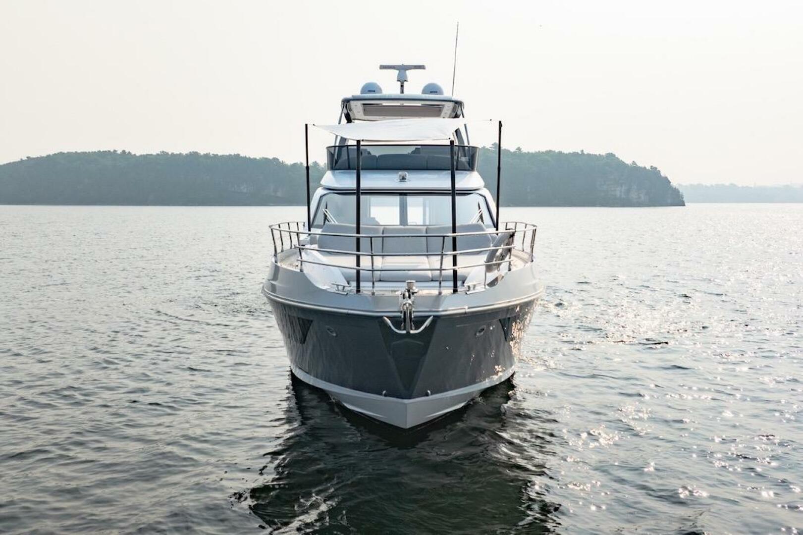 2023 Azimut Fly 53 yacht on calm water with scenic island ba