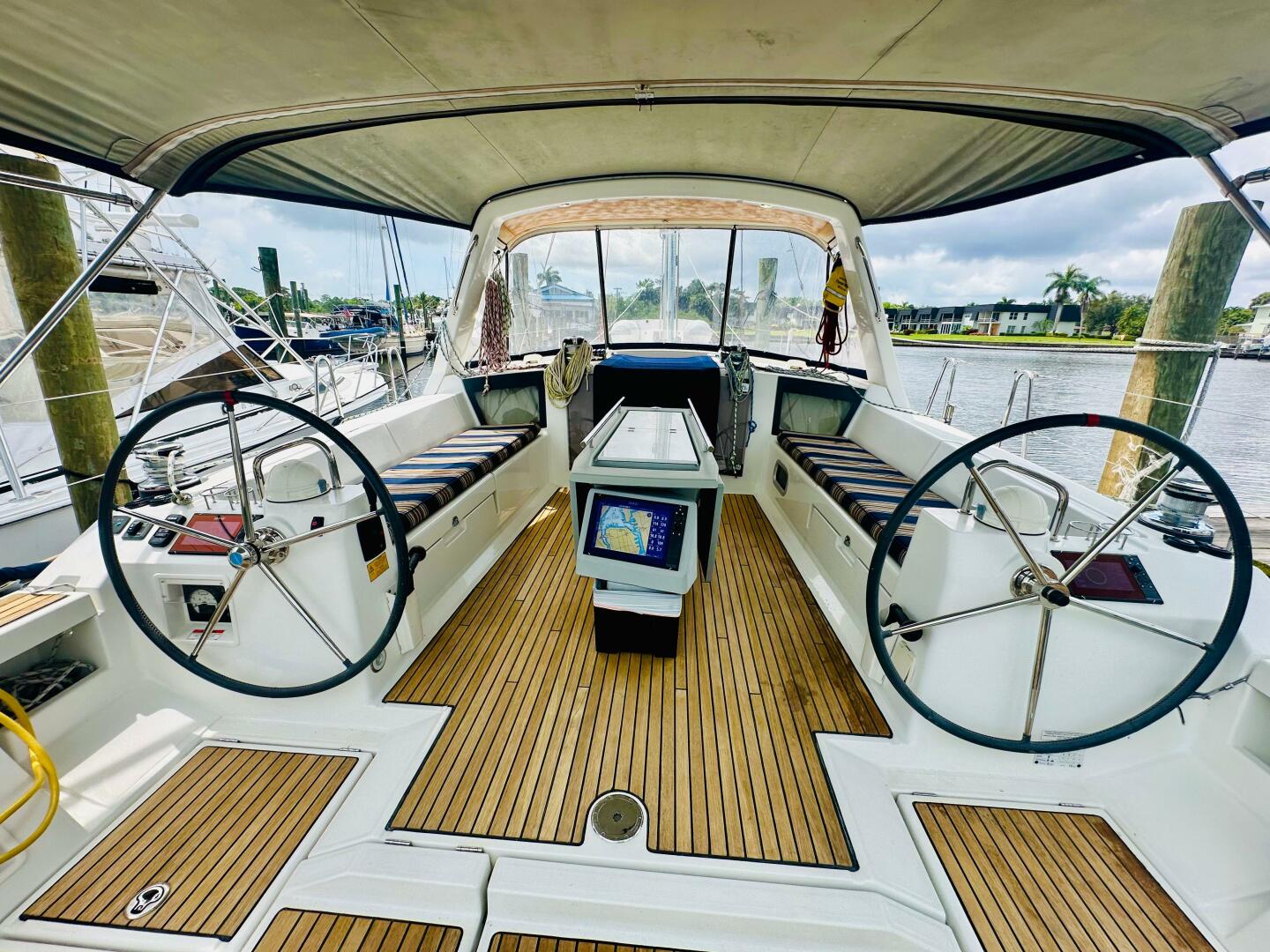 Cockpit of 2015 Beneteau Oceanis 45 sailboat with dual steer