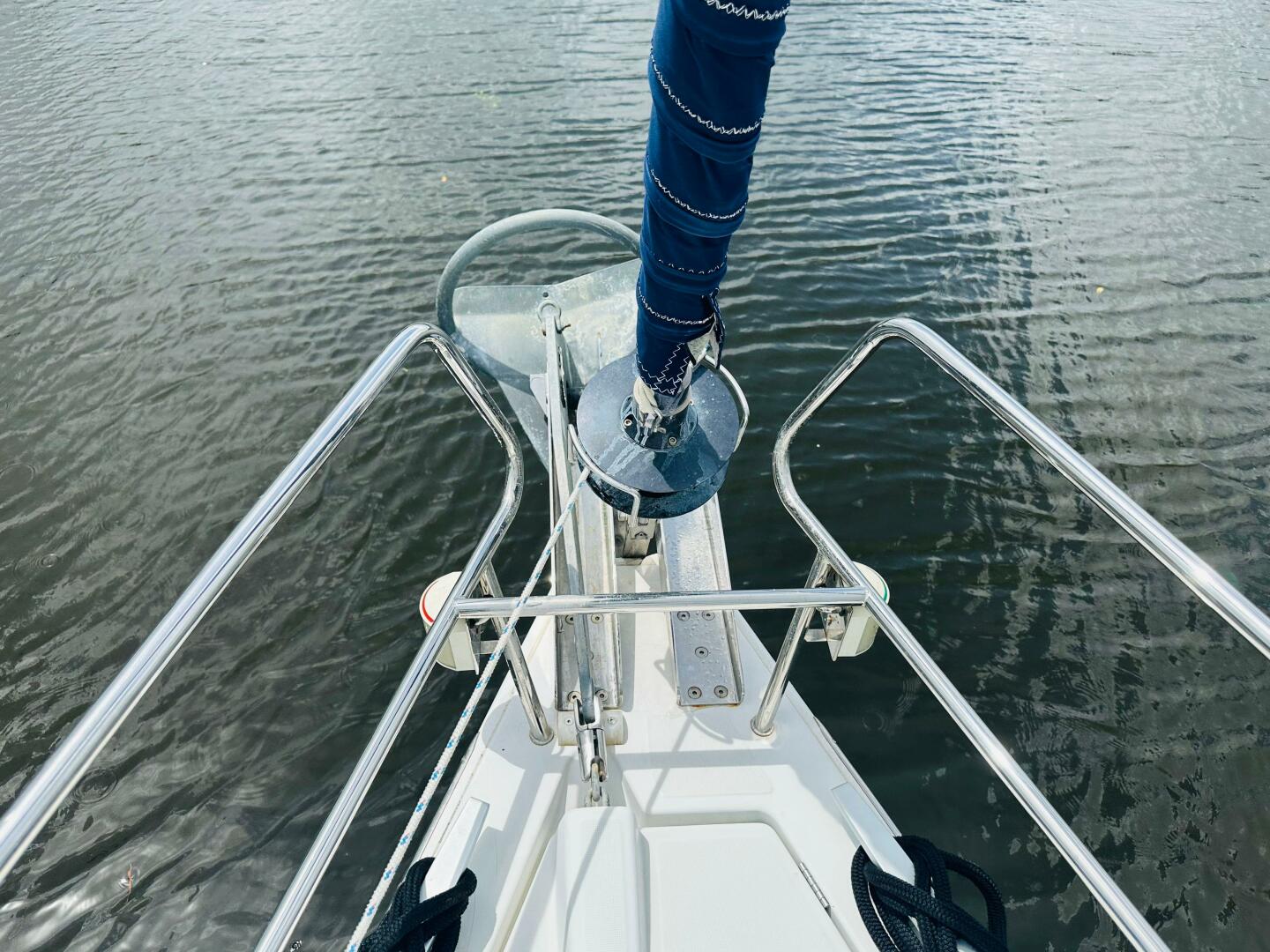 Bow view of 2015 Beneteau Oceanis 45 sailboat with anchor an