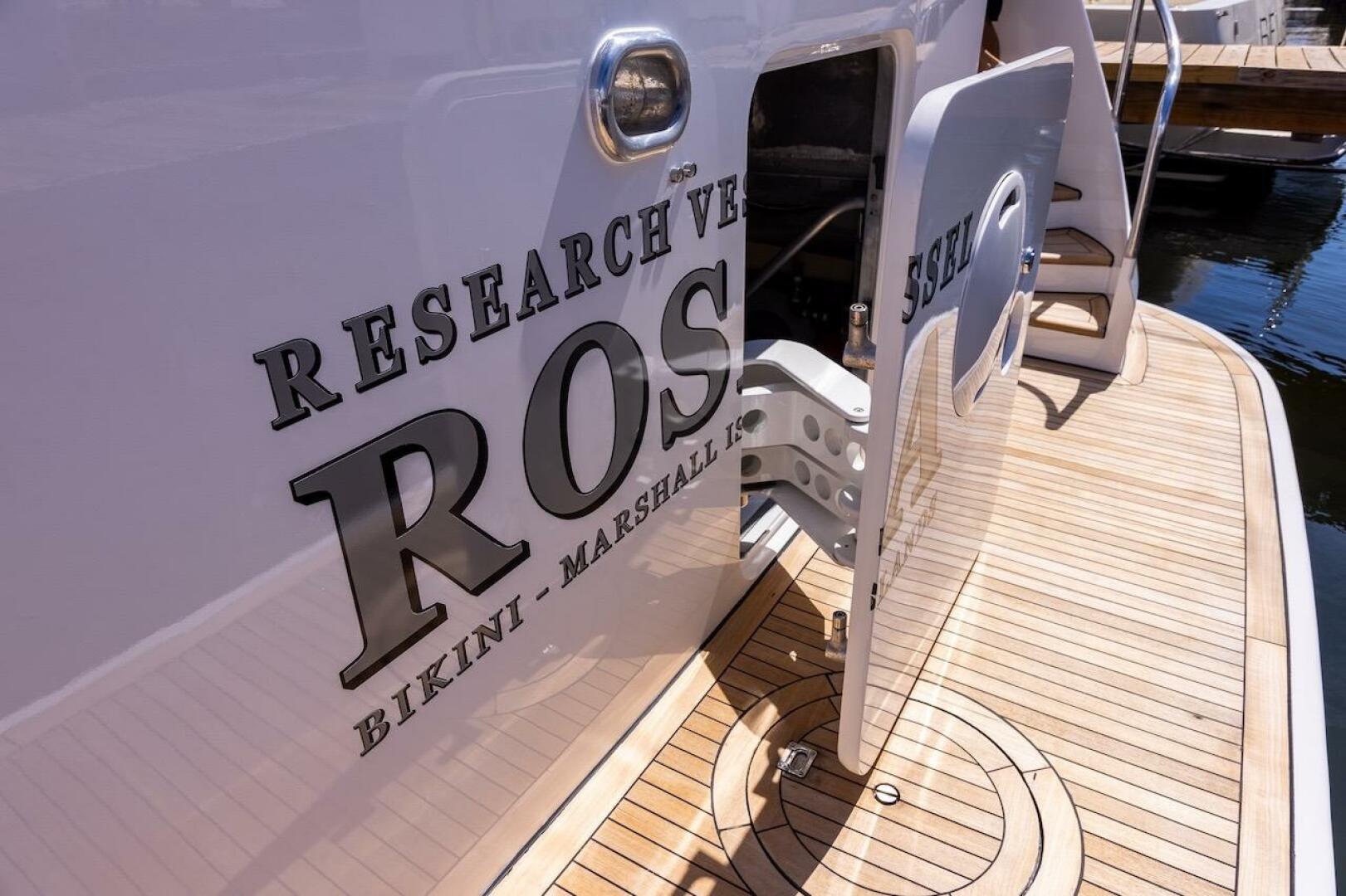 Research vessel docked, featuring 