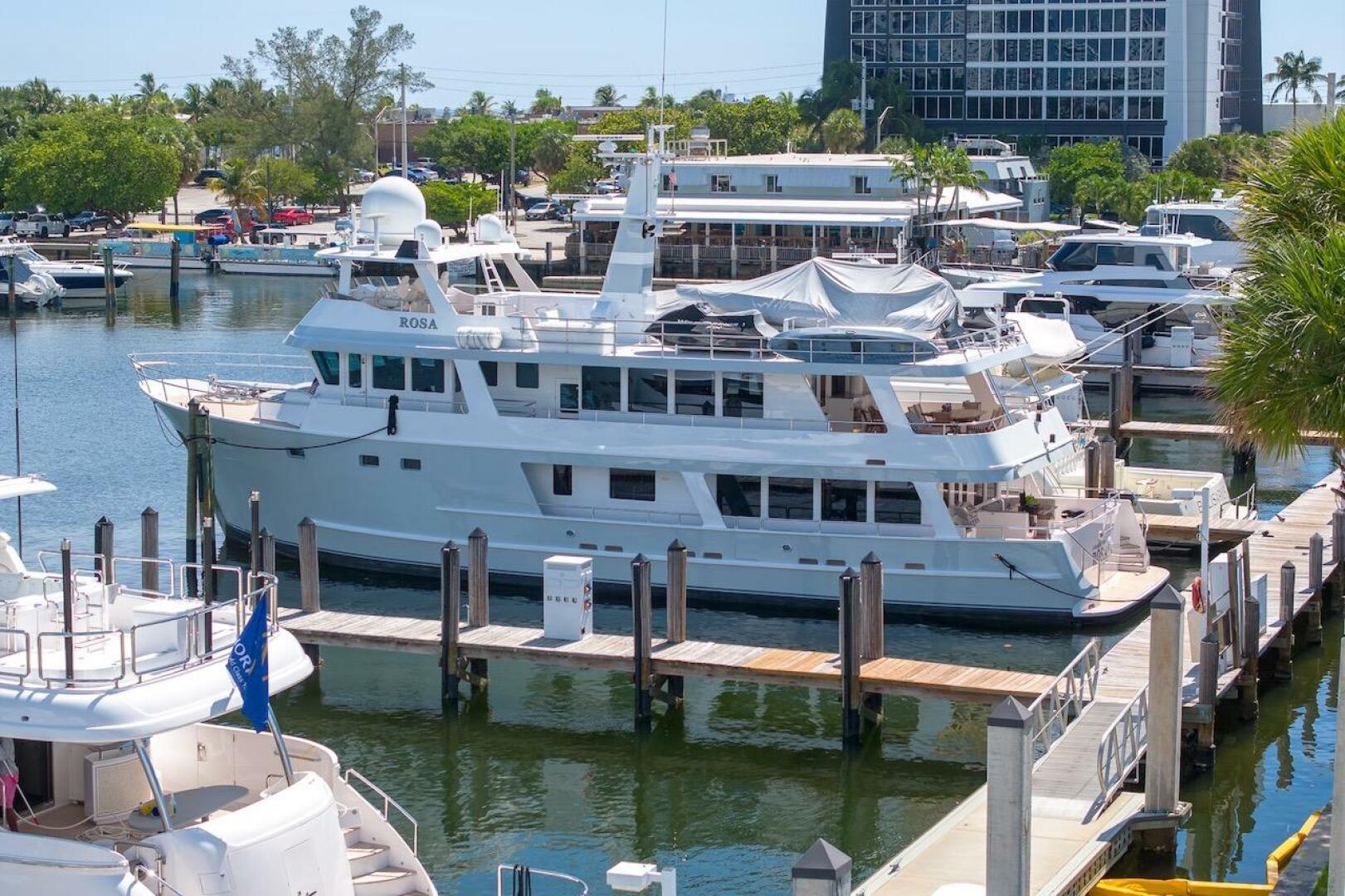 Luxury yacht ABD 90 Explorer 1996 docked at marina, surround