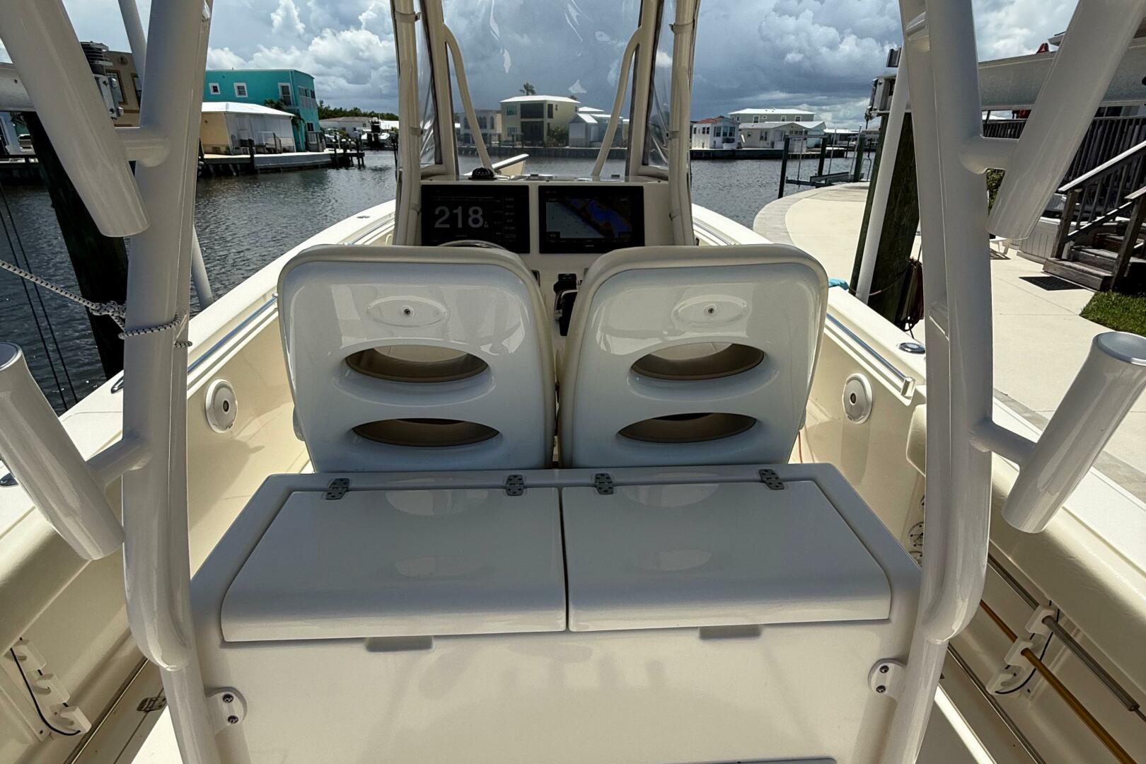 2015 Cobia 296 Center Console boat interior with dual seats 