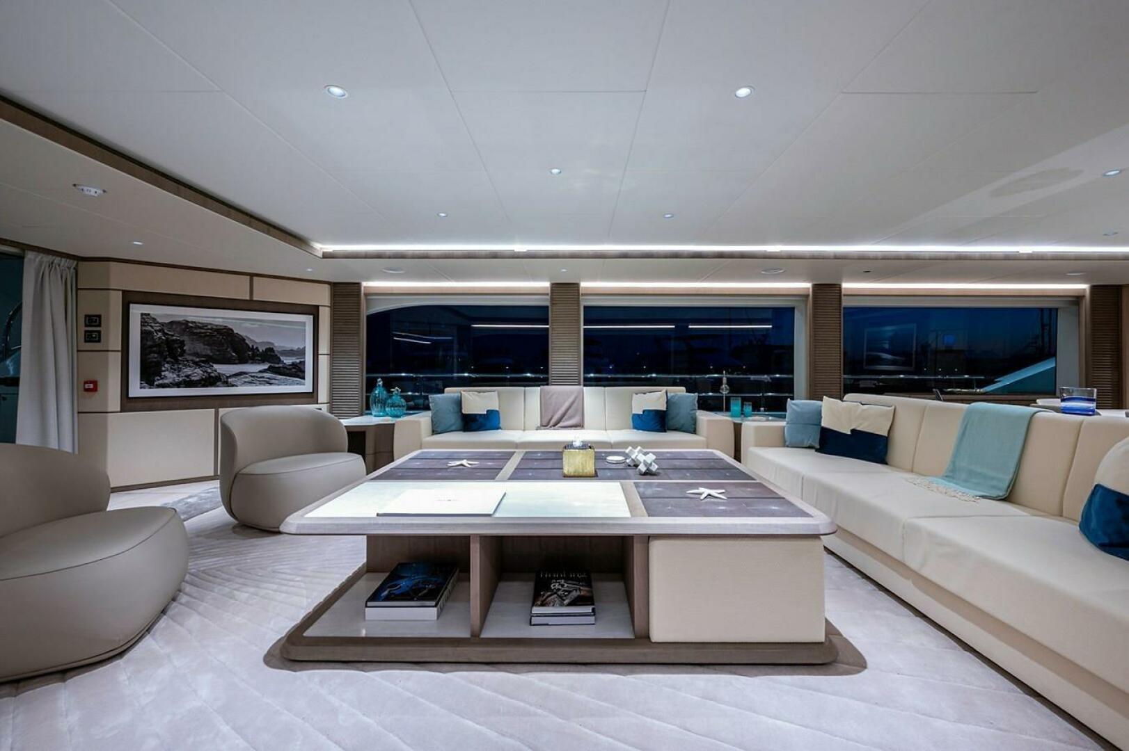 Luxurious interior of 2020 Majesty 140 yacht with elegant se