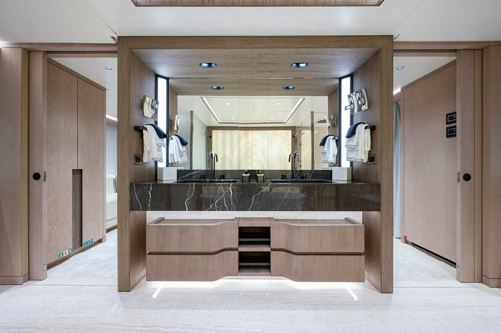 Luxurious bathroom interior on 2020 Majesty 140 yacht, featu
