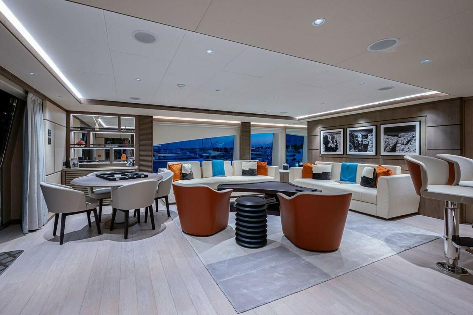 Luxurious interior of 2020 Majesty 140 yacht with modern sea