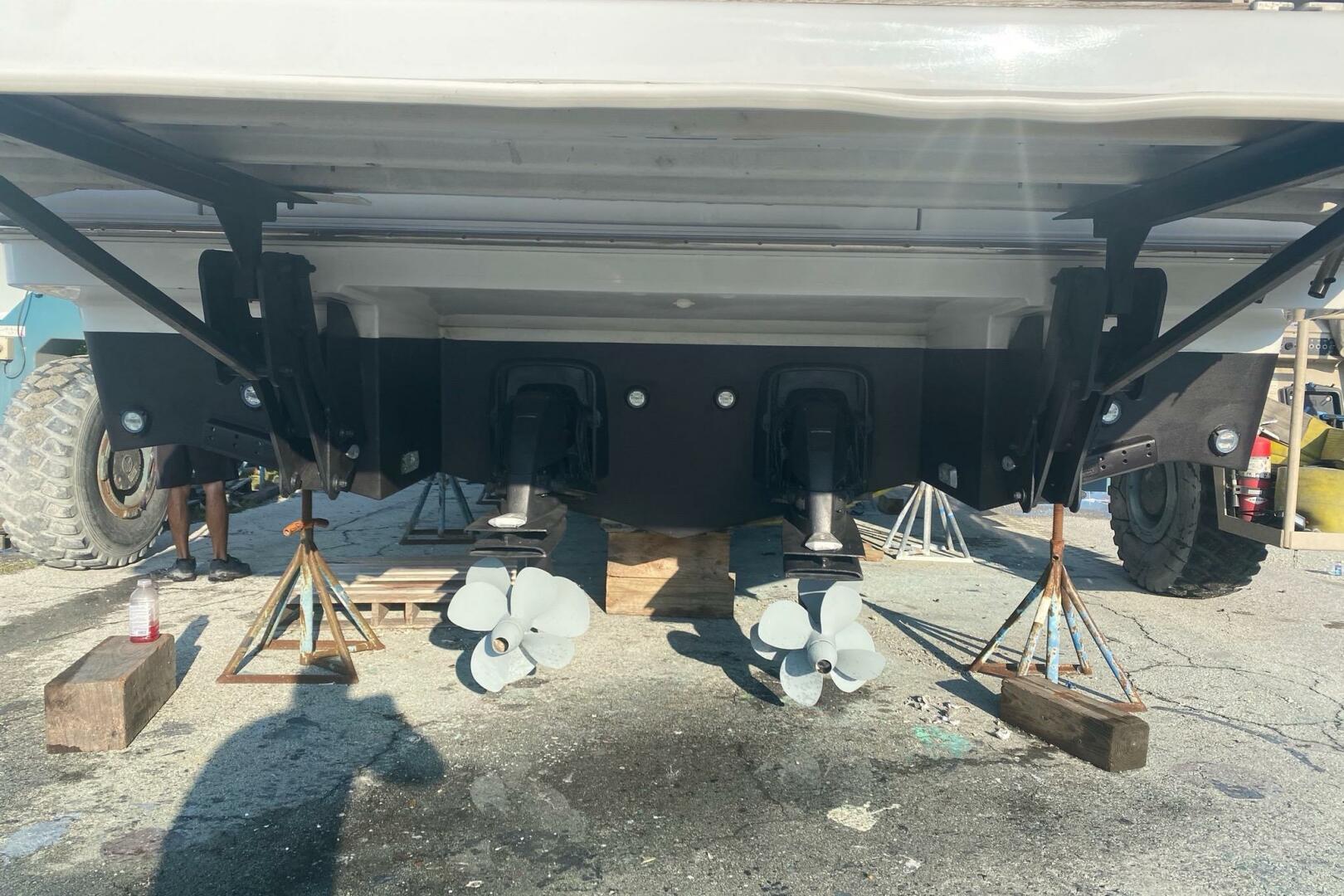 Rear view of 2014 Beneteau Gran Turismo 44 boat on stands, s