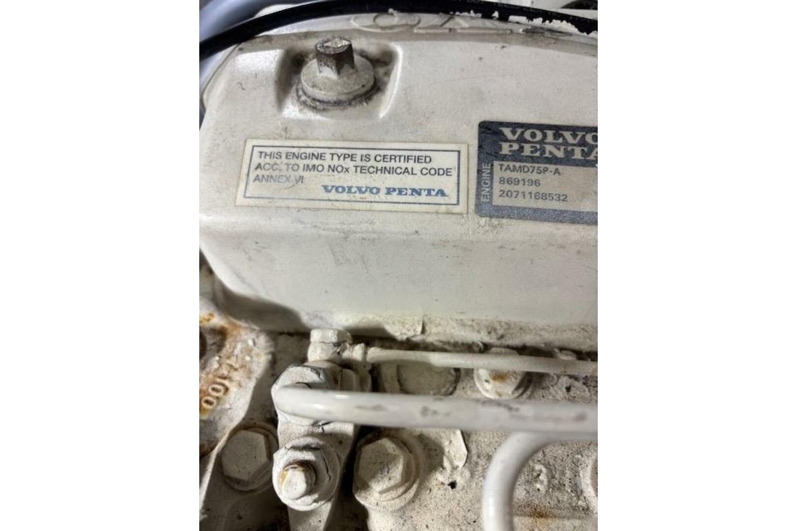 Close-up of Volvo Penta engine label on 2004 Carver 466 Moto