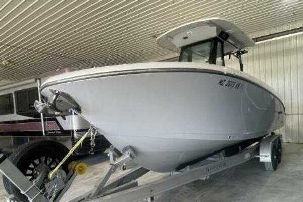 Front View of Stingray Center Console Boat in Storage Facility