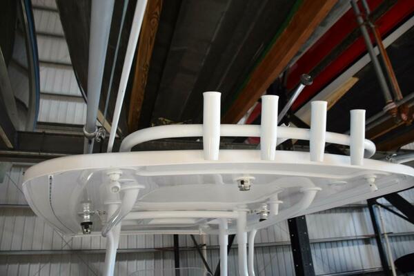 Fishing Rod Storage On Aft Hardtop, Crank Adjustable Anchorsteaming Light, LED Spreader Lights, White Powder Coated Metal Supports