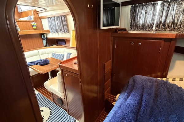 2002 Menorquin 110 facing aftward from sleeping cabin