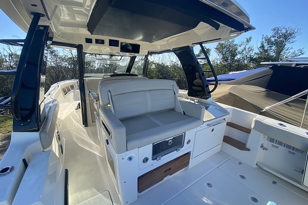 2023 Boston Whaler 350 Realm interior with sleek seating and modern design.