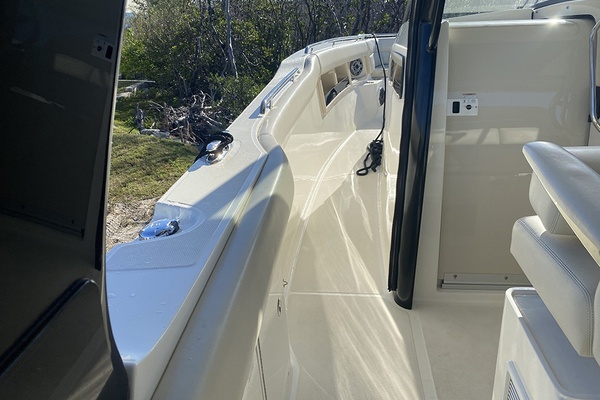 2023 Boston Whaler 350 Realm boat interior with sleek seating and modern design.