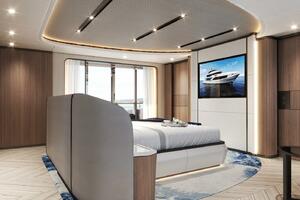 Luxurious bedroom interior on 2026 Majesty 145 yacht, featur