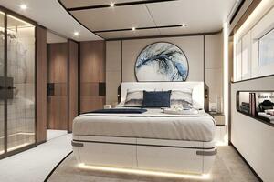 Luxurious bedroom interior on 2026 Majesty 145 yacht, featur