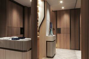 Luxurious interior of 2026 Majesty 145 yacht with elegant wo