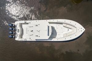 Aerial view of 2015 Yellowfin 39 boat with triple engines on
