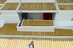Teak deck of 2015 Beneteau Oceanis 45 sailboat with life raf