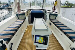 2015 Beneteau Oceanis 45 yacht cockpit with striped seating 