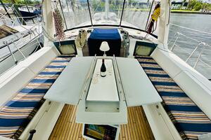 Cockpit of 2015 Beneteau Oceanis 45 with striped seating and