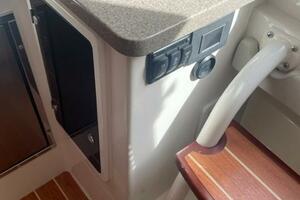 Interior of 2018 Regulator 41 boat with wooden steps and countertop.