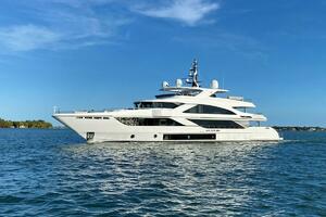 Luxurious 2020 Majesty 140 yacht cruising on a sunny day.