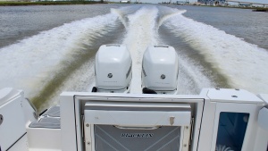 Photo 7424646 for 2020 Blackfin 332 Center Console Got Tuna Aft View with Dual Engines