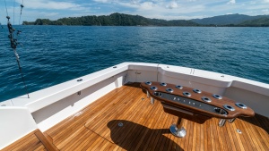 Spacious Teak Cockpit with Rod Holders
